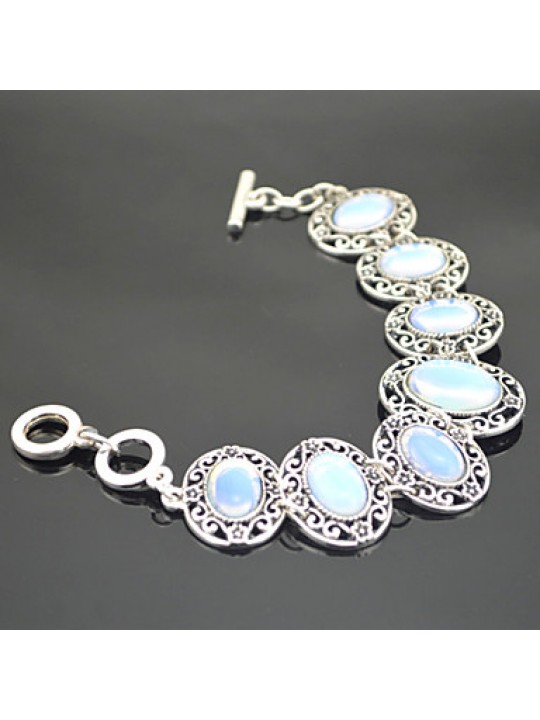 Vintage Antique Silver Natural Opal Transparent Stone Necklace Earring Bracelet Jewelry Set(1Set)  