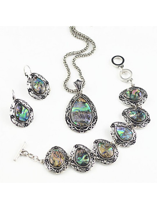 Vintage Antique Silver Man-made Abalone Stone Necklace Earring Bracelet Jewelry Set(1Set)  