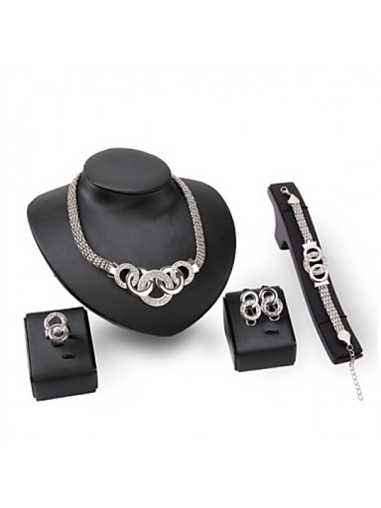 Lucky Doll Diamond Silver Plated Rhinestone Tassel Necklace & Earrings & Bracelet & Ring Party Jewelry Sets  