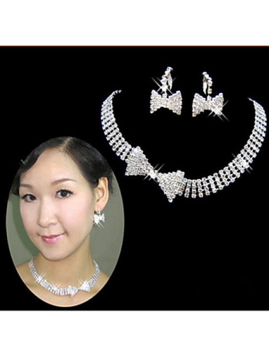 Lucky Doll Women's All Matching 925 Silver Plated Zirconia geometry Bow Tassel Necklace & Earrings Jewelry Sets  