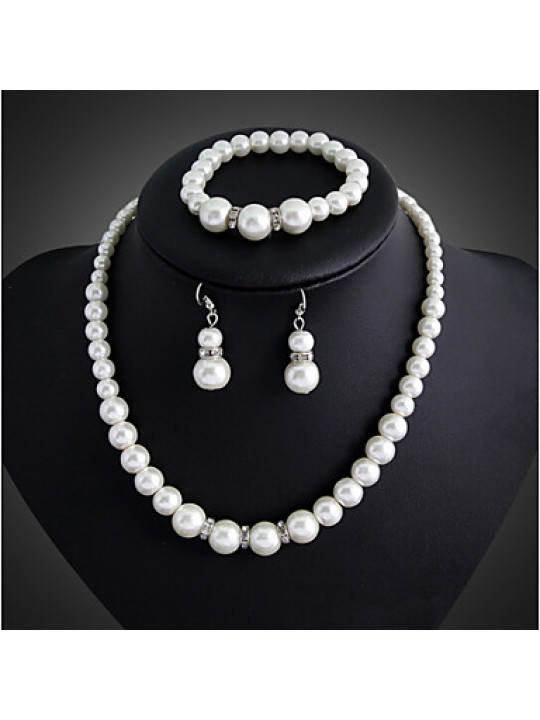 Lucky Doll Women's All Matching Silver Plated Man Made Pearl Necklace & Earrings & Bracelet Jewelry Sets  