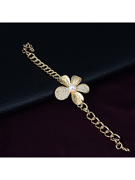 Lucky Doll Women's Vintage 18K Gold Plated Imitation Pearl 3D Flower Necklace & Earrings & Bracelet & Ring Jewelry Sets  