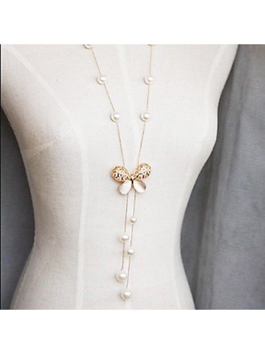 Classic (Butterfly Pendant) Ivory Imitation Pearl With Opal Pendant Necklace (1 Pc) 