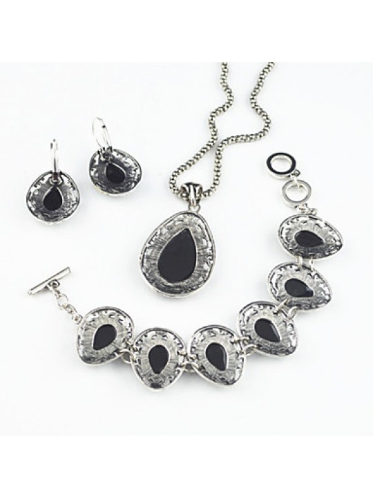 Vintage Antique Silver Man-made Abalone Stone Necklace Earring Bracelet Jewelry Set(1Set)  