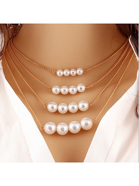 Women Necklace European Style Pearl Pendant Layered Chain Necklace