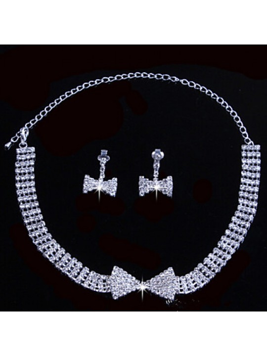 Lucky Doll Women's All Matching 925 Silver Plated Zirconia geometry Bow Tassel Necklace & Earrings Jewelry Sets  