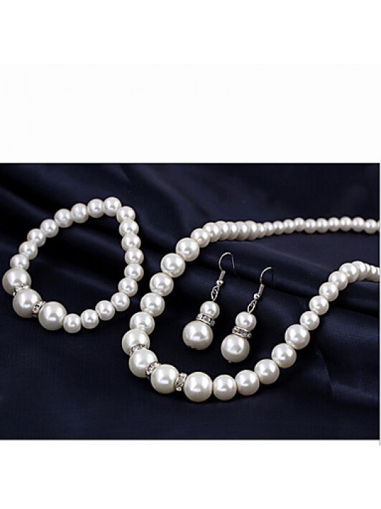 Lucky Doll Women's All Matching Silver Plated Man Made Pearl Necklace & Earrings & Bracelet Jewelry Sets  