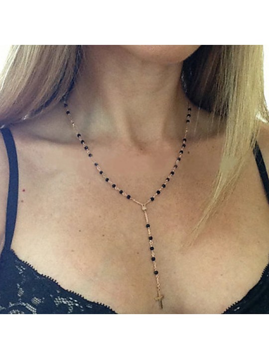 Women's Simple Crystal Cross Pendants Tassel Long Necklace