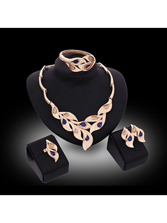 Lucky Doll Women's Luxury Gem 18K Gold Plated Zirconia Geometric Necklace & Earrings & Bracelet & Ring Jewelry Sets  