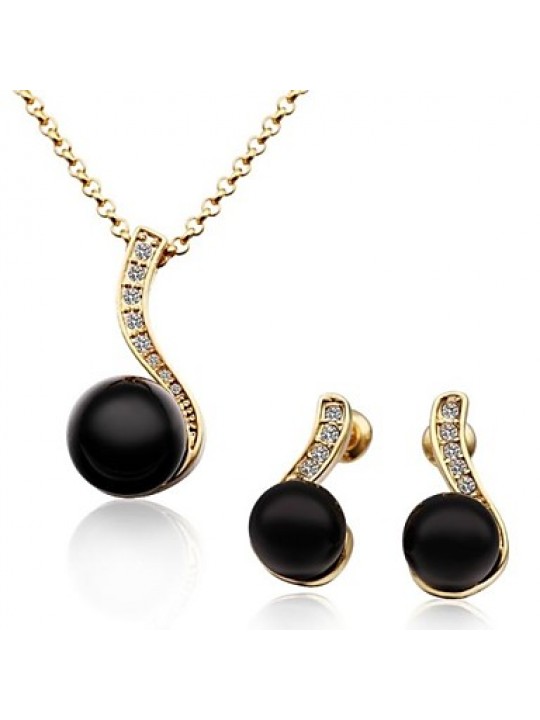Women's 18K Rose Gold Diamond Black Pearl (Necklace&Earrings) Jewelry Sets  