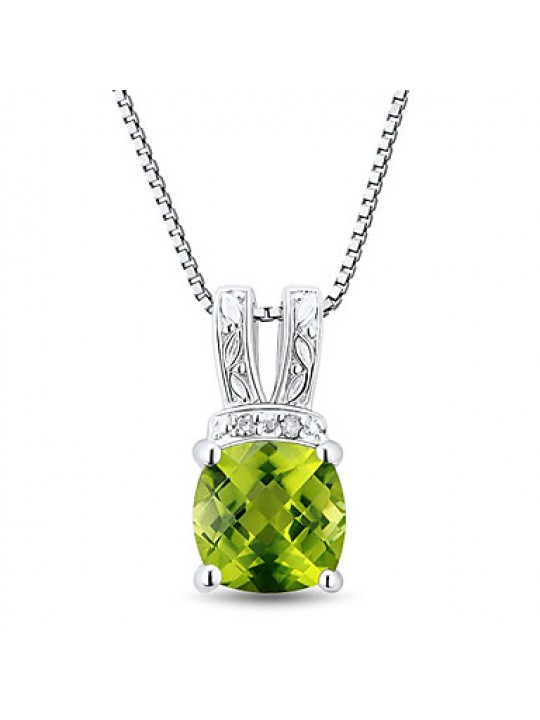 Classic Sterling Silver Platinum-Plated with Peridot and Diamonds Women's Pendant with Silver Box Chain