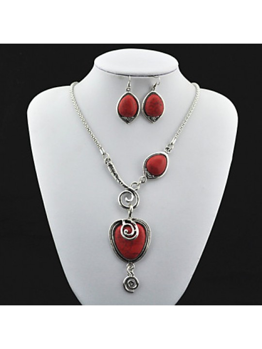 Vintage Look Antique Silver Red Turquoise Lava Stone Necklace Earring Jewelry Set(1Set)  