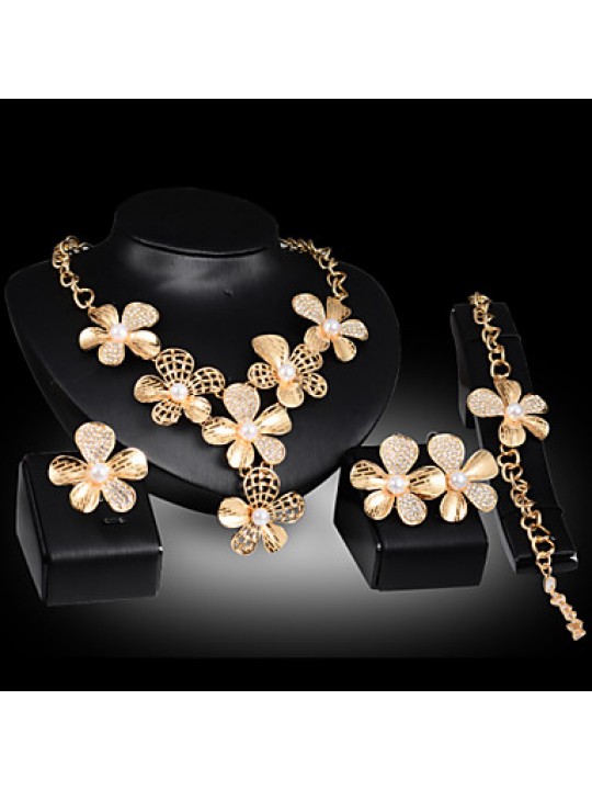 Lucky Doll Women's Vintage 18K Gold Plated Imitation Pearl 3D Flower Necklace & Earrings & Bracelet & Ring Jewelry Sets  