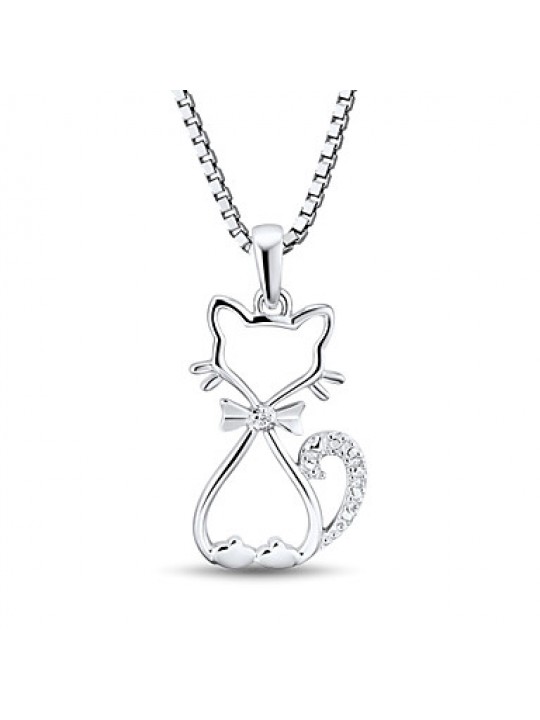 Women's Fashion Sterling Silver set with Zircon Kitty Pendant with Silver Box Chain