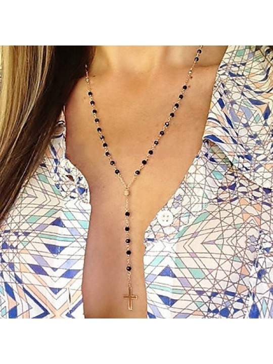 Women's Simple Crystal Cross Pendants Tassel Long Necklace