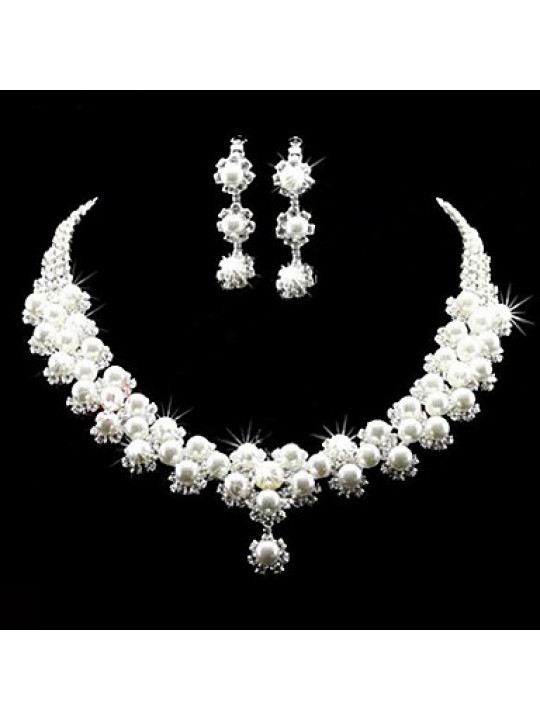 Lucky Doll Women's All Matching 925 Silver Plated Imitation Pearl Zirconia Long Tassel Necklace & Earrings Jewelry Sets  