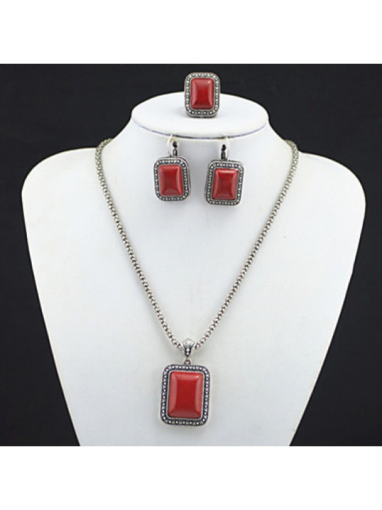 Vintage Look Antique Silver Man-made Red Square Turquoise Jewelry Set(1Set)  