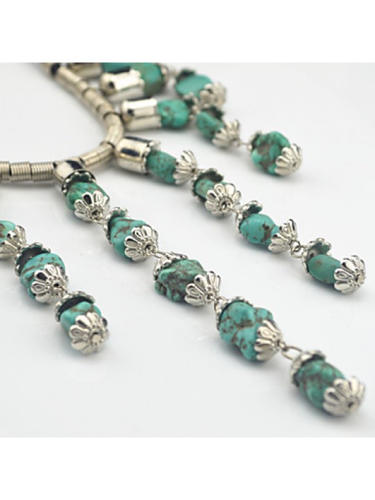Vintage Antique Silver Natural Irregular Turquoise Stone Necklace Earring Jewelry Set(1Set)  