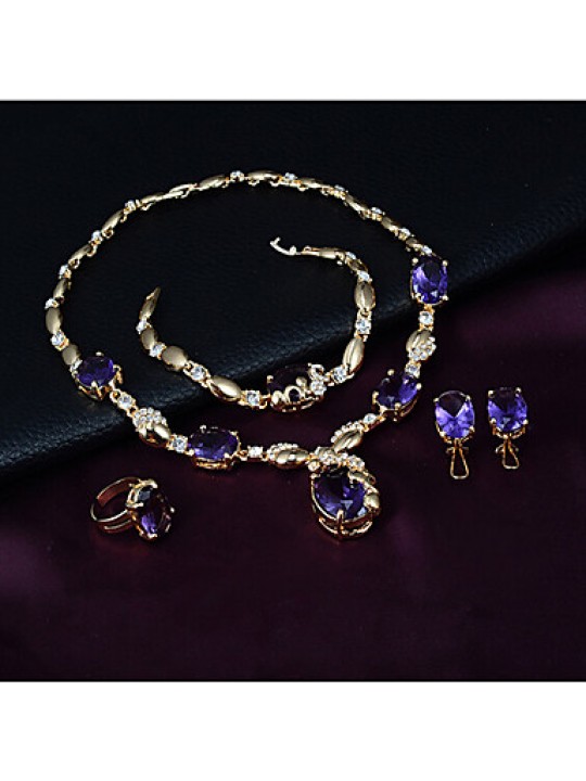 Fashion Gem Necklace Earrings Ring Bracelet Set Dinner  