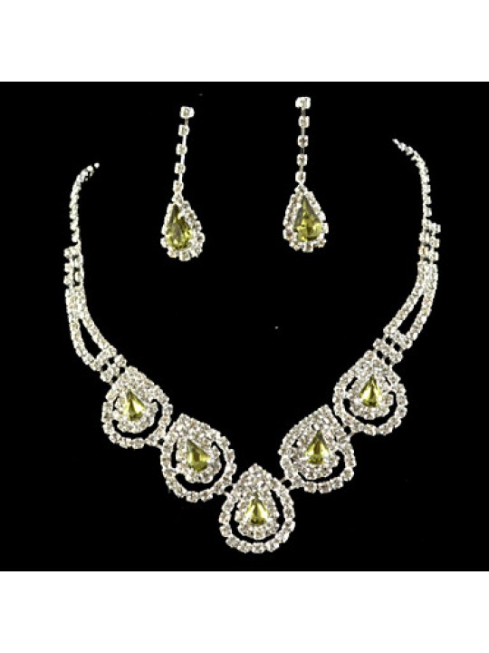 Lucky Doll 925 Silver Plated Gemstone & Crystal Zirconia geometry Water DropTassel Necklace & Earrings Jewelry Sets  