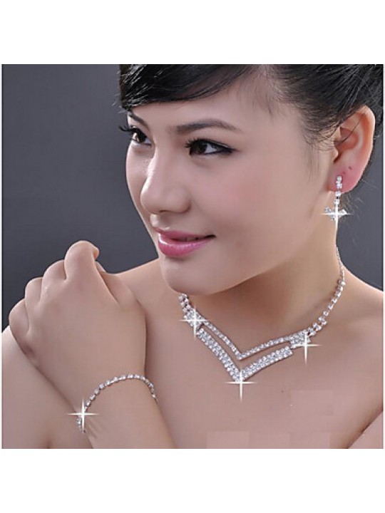 Lucky Doll Women's All Matching 925 Silver Plated Zirconia geometry Long Tassel Necklace & Earrings Jewelry Sets  